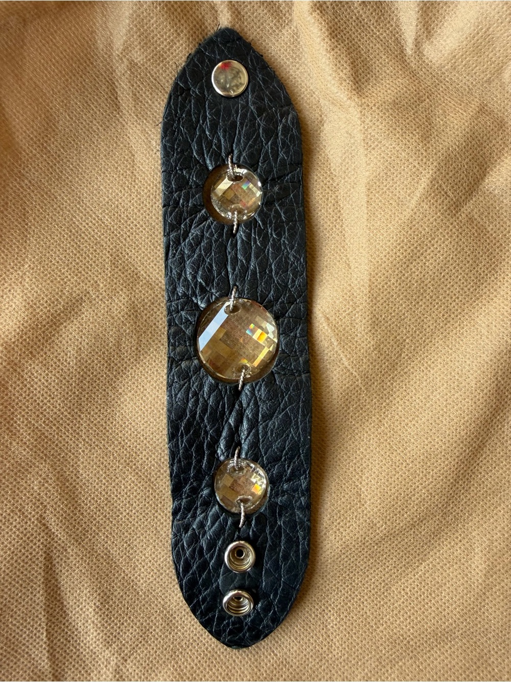 Black Leather Bracelet with Gold Swarovski Crystal Accents